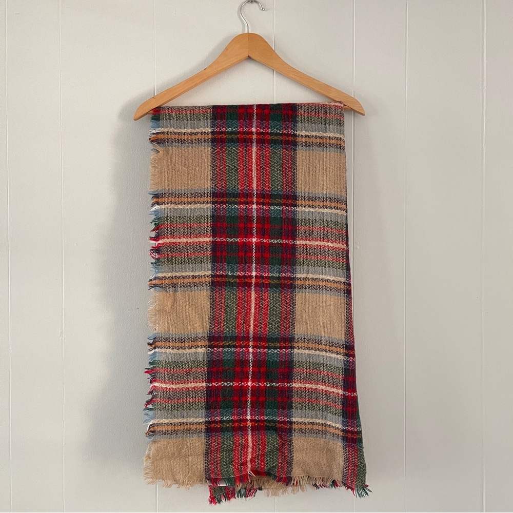 ModCloth Plaid Blanket Scarf Wrap Shawl Fringe Red Green Tan Cozy Fall Style